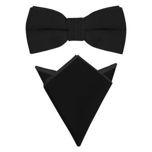 Velvet Adjustable Pre-Tied Bow Tie Solid Color Pocket Square Set Black